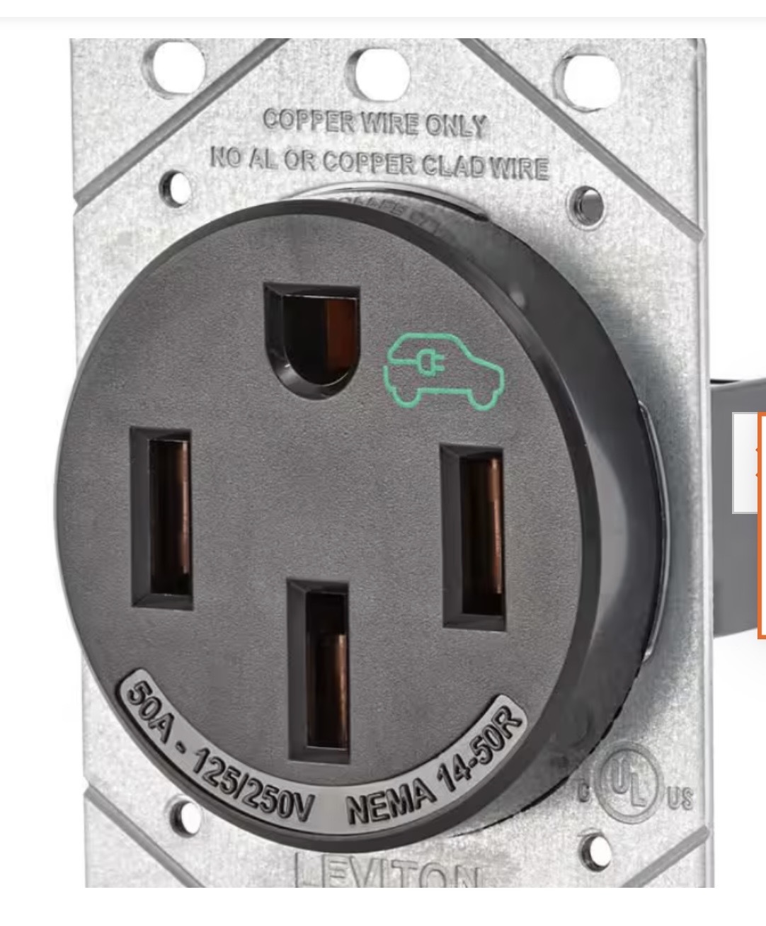 New NEMA 14-50 50-amp receptacle rated for EV charging, copper wire only